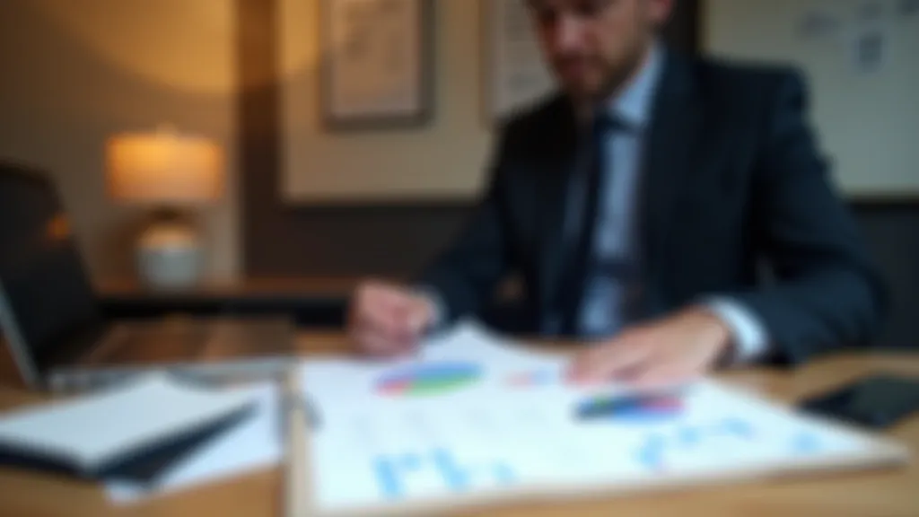 Pieaugušais mēģina izprast investīciju diagrammas uz biroja galda