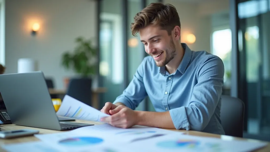 Jaunas personas izskata finanšu dokumentus uz biroja galda ar datorā redzamiem grafikiem